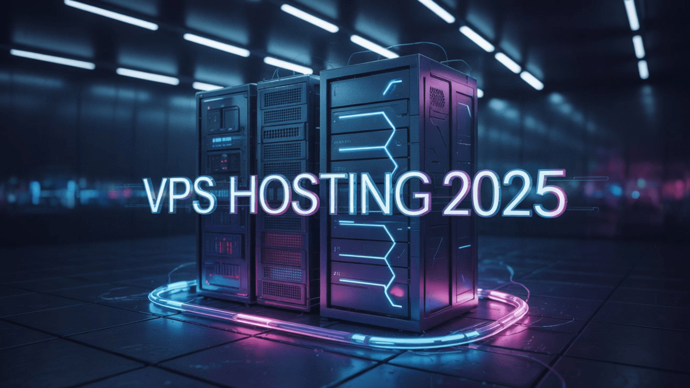 VPS vs shared hosting comparison 2025 - futuristic server rack with glowing neon lights