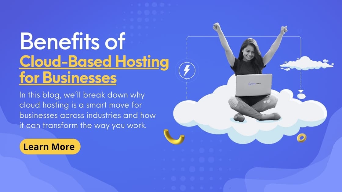 Excited woman sitting on a cloud using a laptop with the Erichost logo, showcasing the benefits of cloud-based hosting for businesses, with a professional blue and white background design.