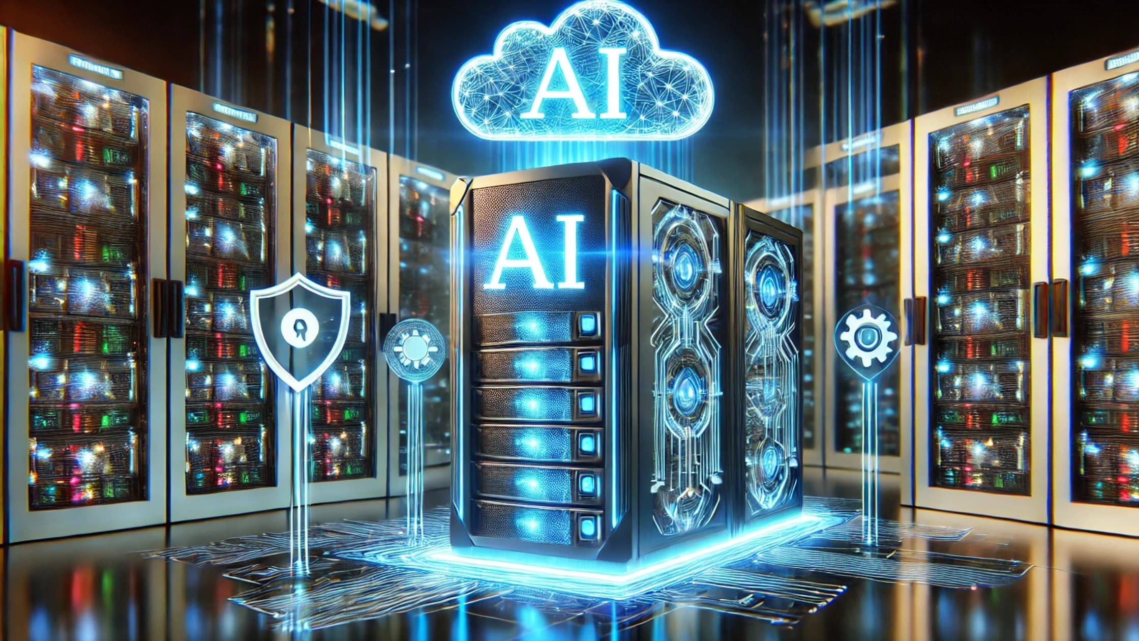 A futuristic AI-powered web hosting server with glowing digital elements and cybersecurity icons.