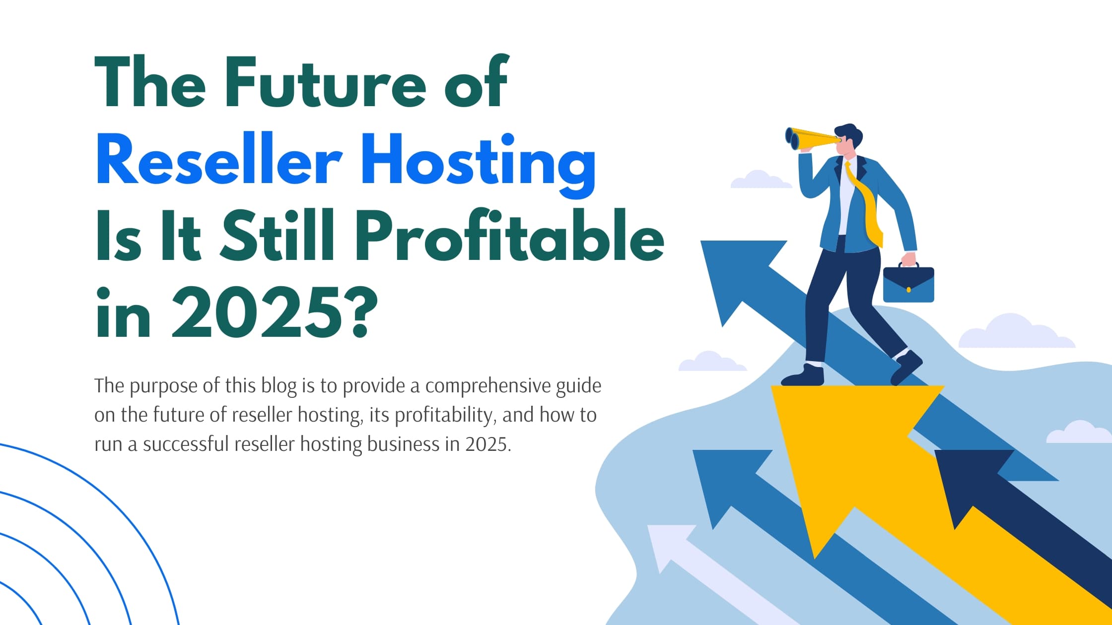 A business professional standing on an upward arrow, looking into the future with a telescope, symbolizing the growth and profitability of reseller hosting in 2025.