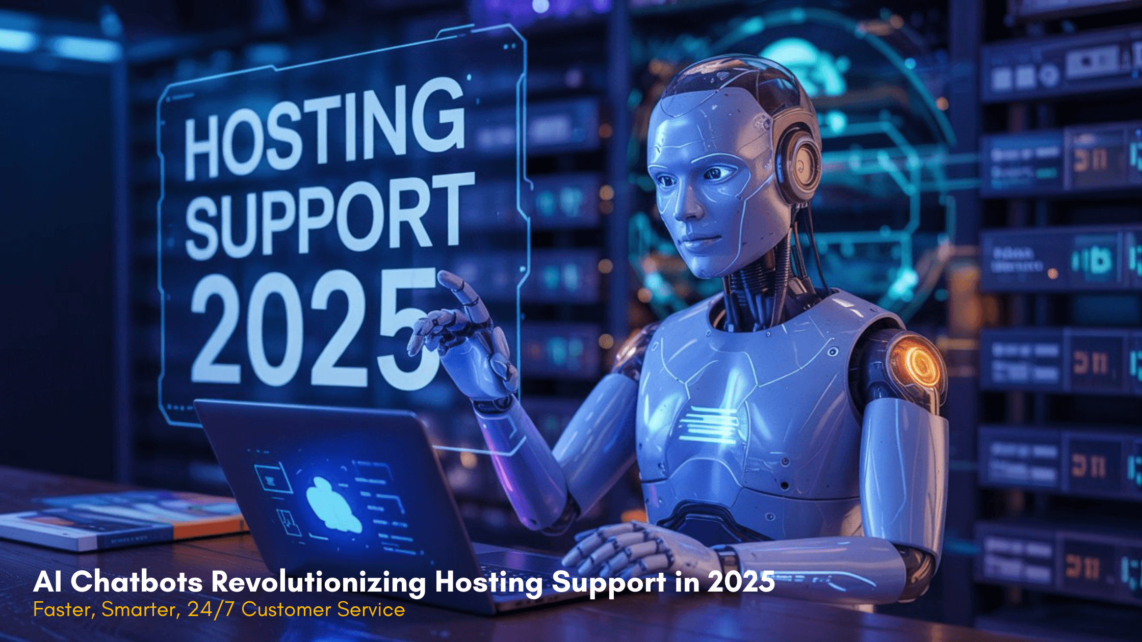 Futuristic AI chatbot managing cloud hosting servers with 24/7 support in 2025